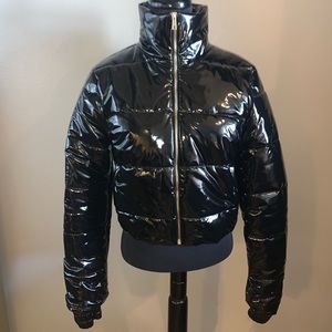 Cropped Puffer Coat Jacket PU Wet Look